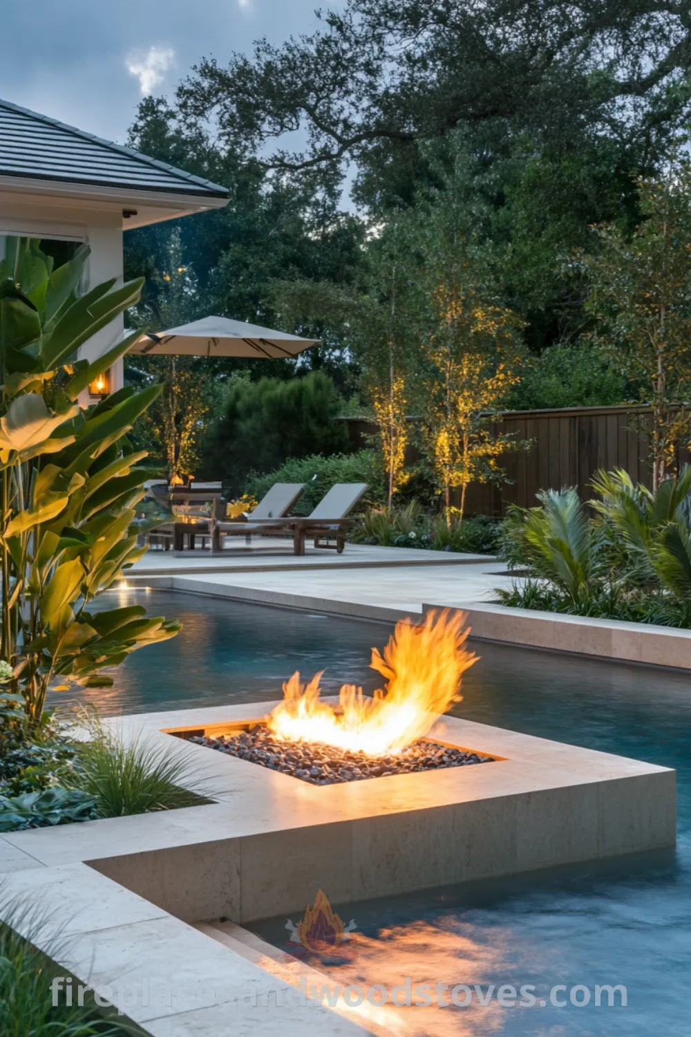 Backyard pool area featuring an inground pool and fire pit, designed with cozy ideas and landscaping inspirations, on fireplacesandwoodstoves.com.