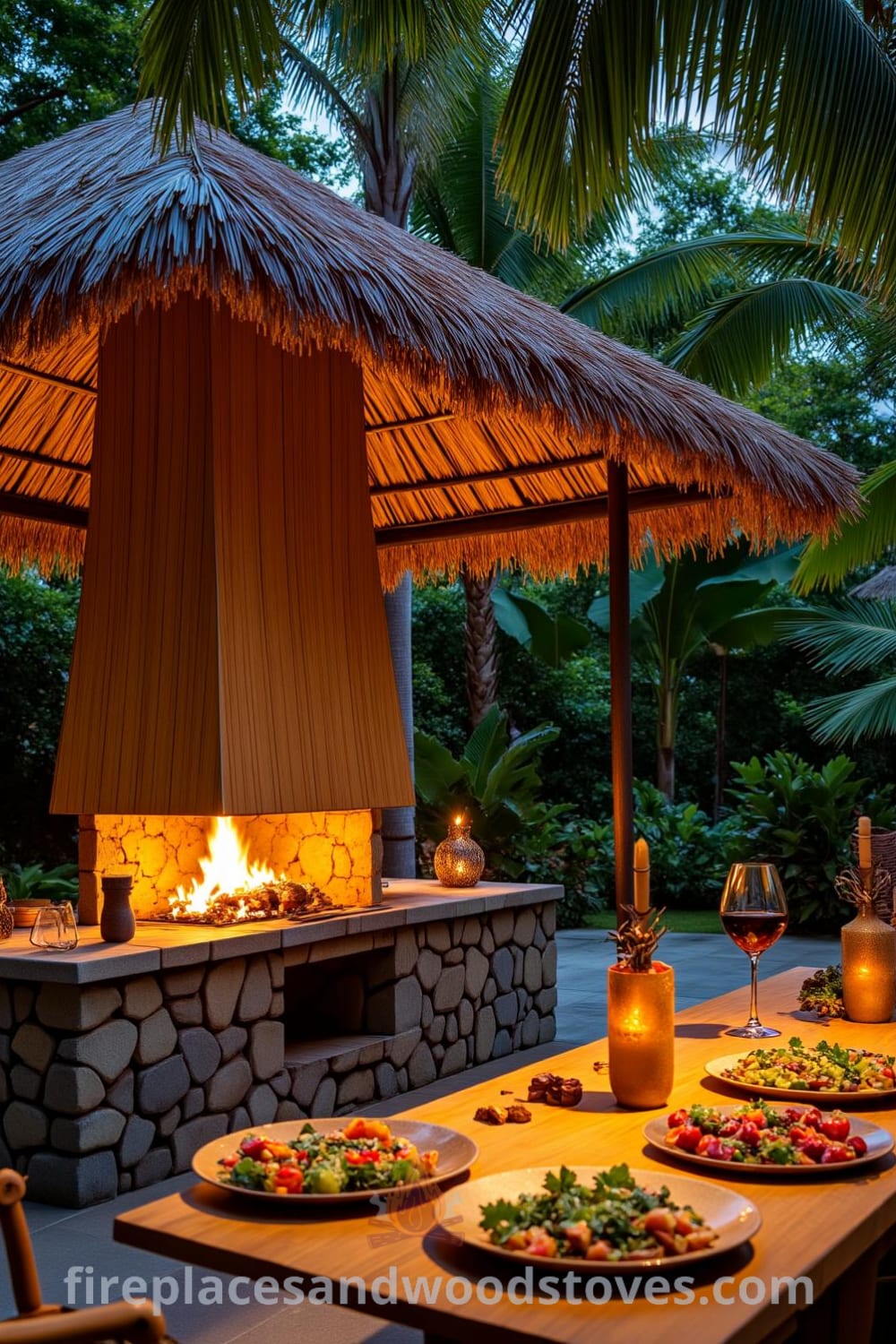 Tropical bamboo barbecue fireplace in an open-air patio surrounded by lush greenery, featuring a natural bamboo frame, locally sourced stone base, and a warm glowing fire, creating a cozy ambiance for gatherings, highlighting unique decor ideas and inspiring designs for your home, as seen on fireplacesandwoodstoves.com.