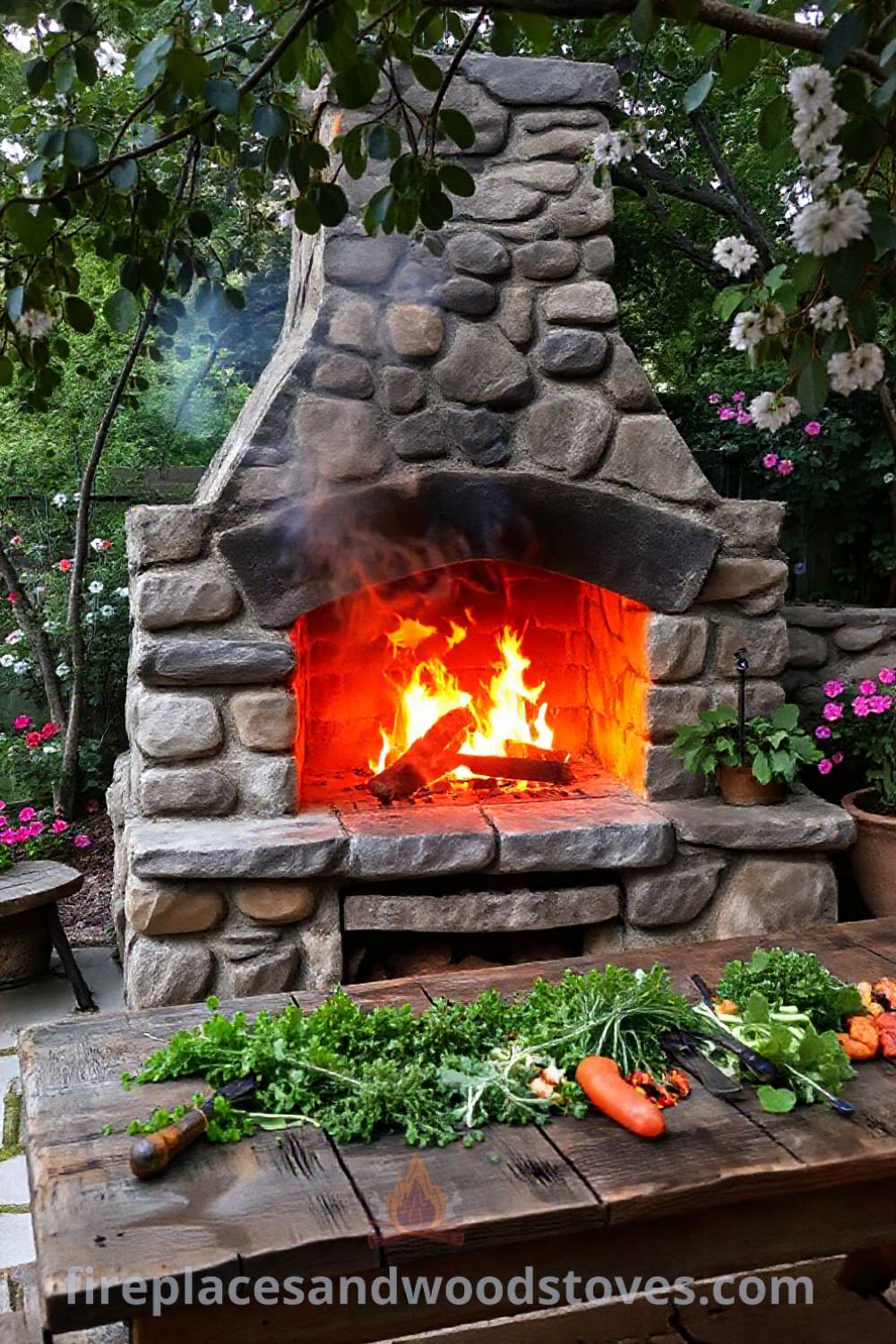 Rustic stone fireplace BBQ nestled in a charming outdoor patio, surrounded by leafy trees and blooming flowers, creating a cozy gathering space for summer evenings. Visit patioandhomefurniture.com for incredible outdoor design inspiration.
