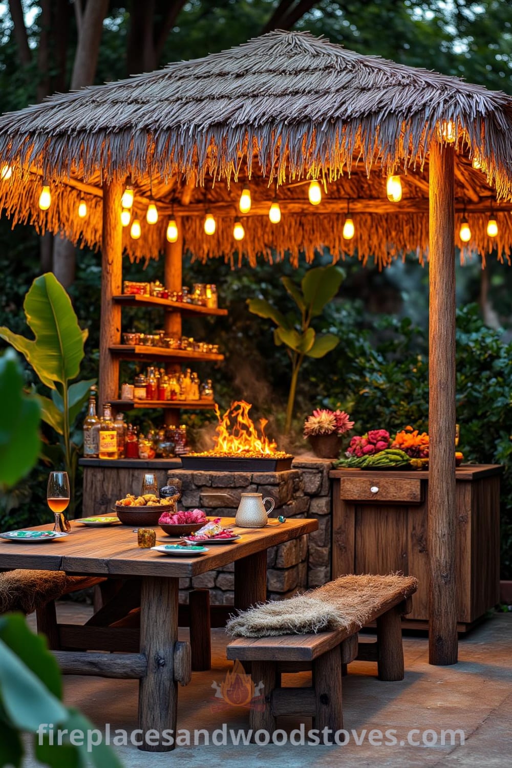 Tropical outdoor barbecue setup featuring a tiki shelter with a stone fire pit, lush garden foliage, and a rustic picnic table with colorful plates, offering inspiring design ideas for your home at fireplacesandwoodstoves.com.