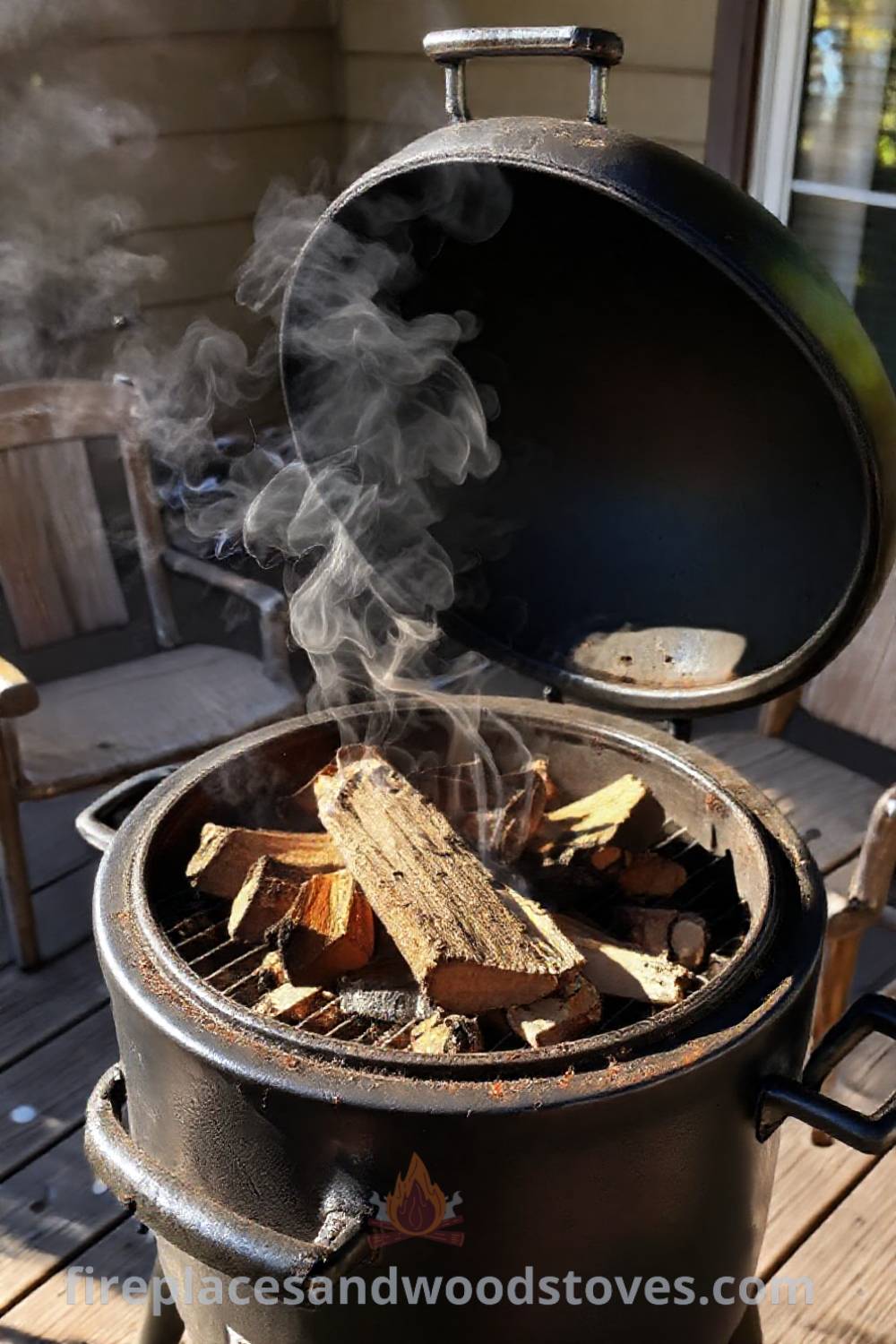 Barbecue smoker on a wooden deck surrounded by faded patio furniture, emitting fragrant smoke and creating a cozy atmosphere for summer gatherings. Visit patioandhomefurniture.com for stylish outdoor design ideas that will wow your guests.