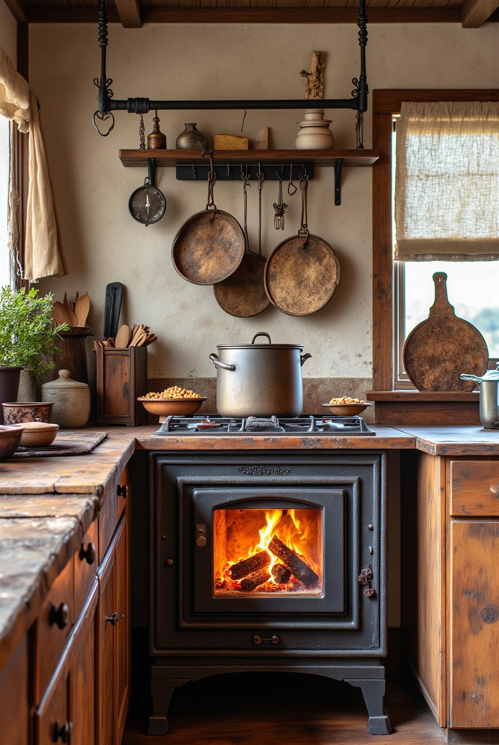 Rustic wood stove in a cozy kitchen with aged wooden cabinets, a rough-hewn countertop, and a pot hanging above, creating a warm inviting atmosphere with flickering light, perfect cozy home decor ideas for an inspiring design at fireplacesandwoodstoves.com.