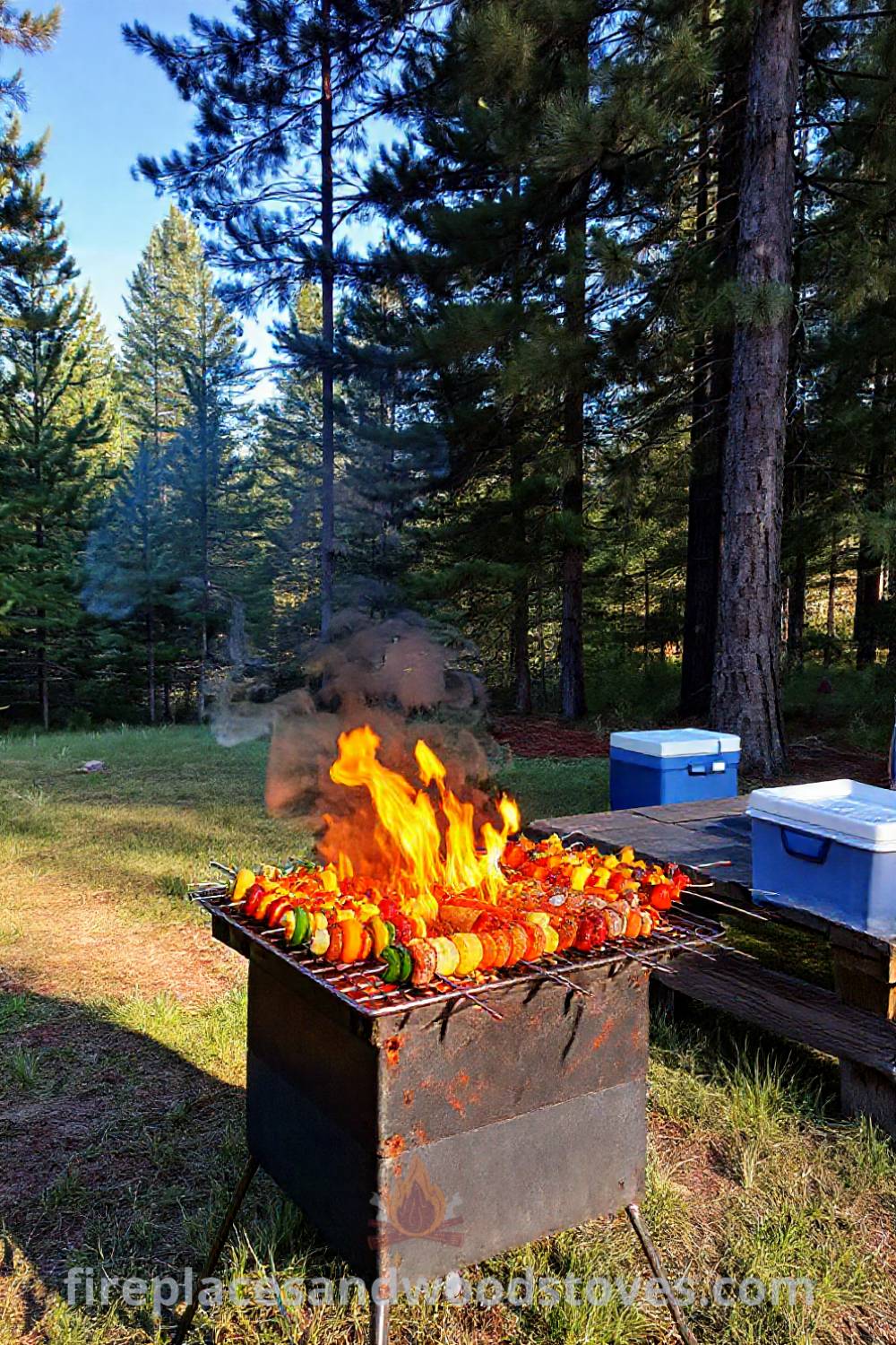 Sturdy camping barbecue on a grassy patch with flames, surrounded by a picnic table with colorful skewers, creating a cozy outdoor atmosphere. Visit patioandhomefurniture.com for stylish ideas that will wow your guests and transform your backyard.