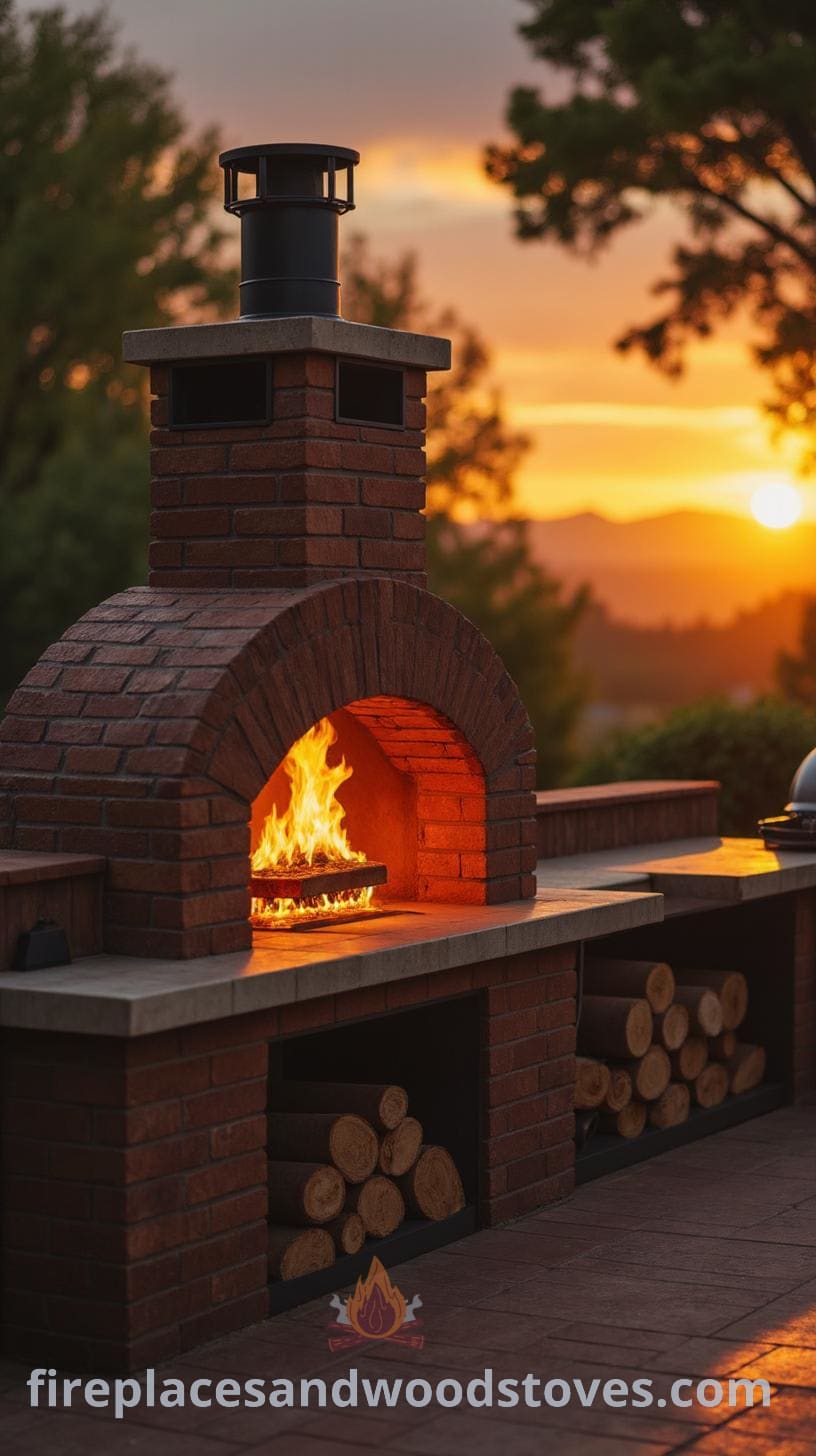 An outdoor cooking setup featuring a rustic brick pizza oven glowing from within, a grill, and storage space, all set against a beautiful sunset, creating an inviting atmosphere for dining and gatherings.