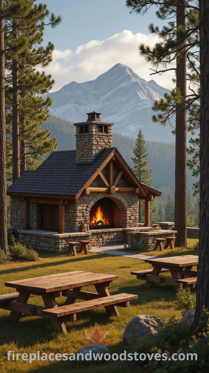 A beautifully designed outdoor kitchen in a mountain setting, featuring a stone structure with a large chimney, an open fireplace, and surrounded by tall pine trees with snow-capped mountains in the background.