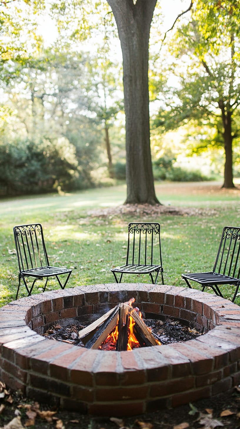 A brick fire pit with black metal chairs arranged around it in a grassy area, surrounded by trees, creating a cozy outdoor atmosphere.