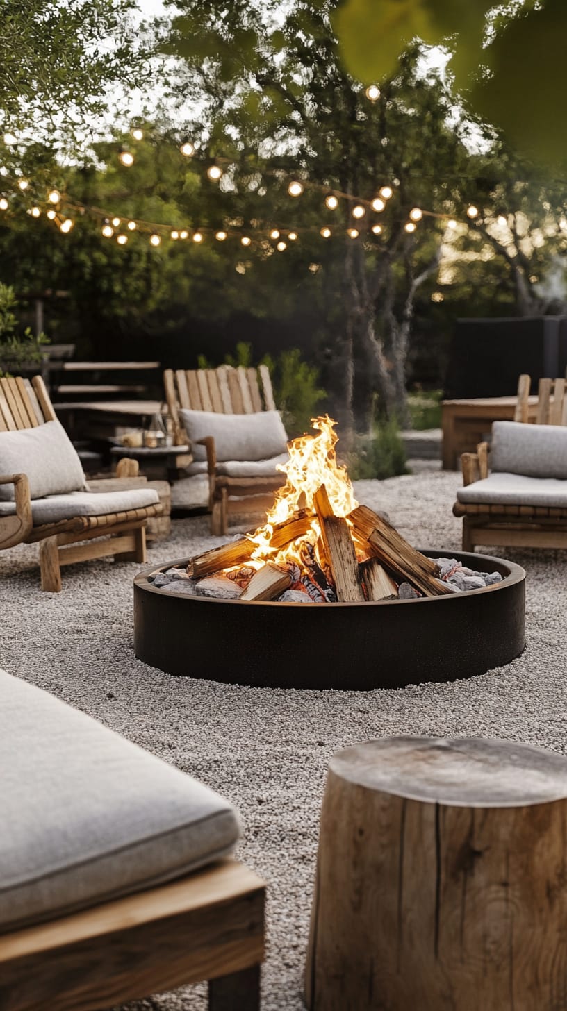 A cozy outdoor setting featuring a fire pit surrounded by wooden seating, string lights above, and a backdrop of trees and plants.