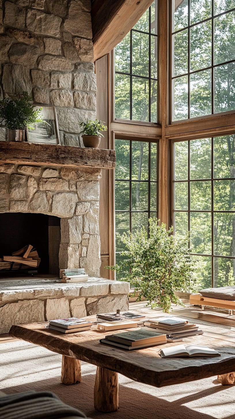 A rustic living room with a stone fireplace, large windows allowing natural light, and a coffee table adorned with books and greenery, set in a tranquil environment.
