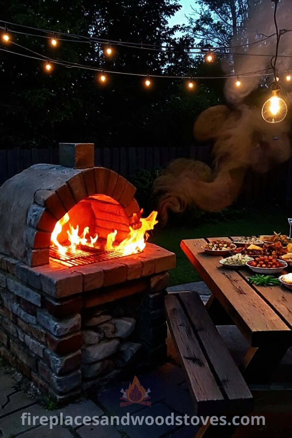 Stone BBQ oven on a sunlit patio with a picnic table and fairy lights, creating a cozy and inviting outdoor gathering space for delicious meals and memorable moments. Visit patioandhomefurniture.com for stylish ideas transforming your backyard.