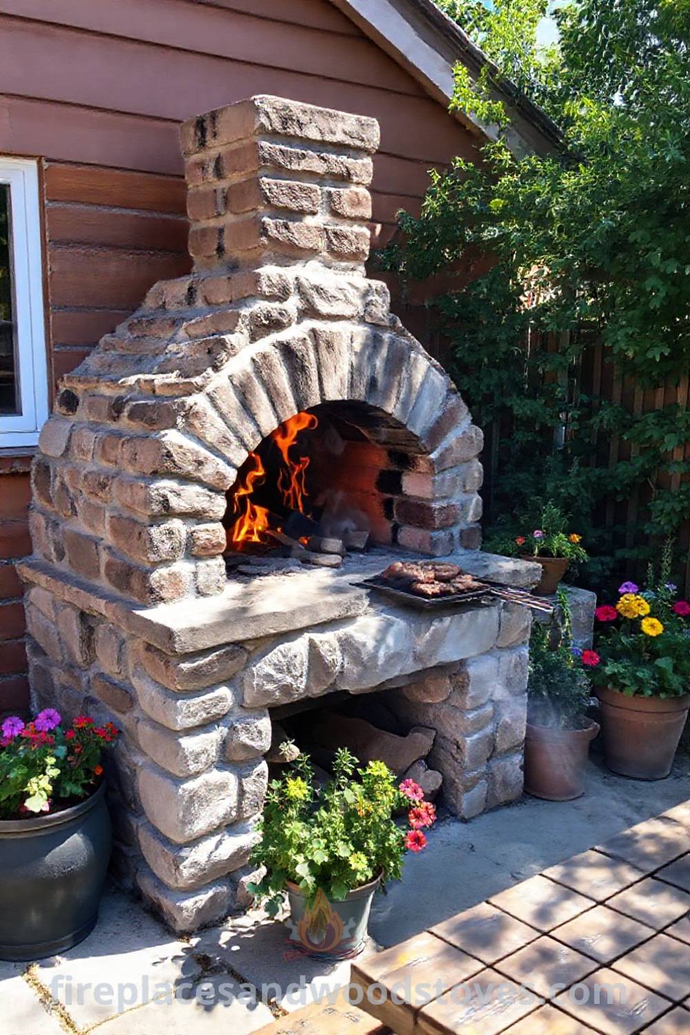Sturdy stone BBQ oven in a sun-drenched backyard surrounded by colorful herbs and flowers, creating a cozy and inviting atmosphere for outdoor gatherings. Visit patioandhomefurniture.com for incredible ideas that will wow your guests.