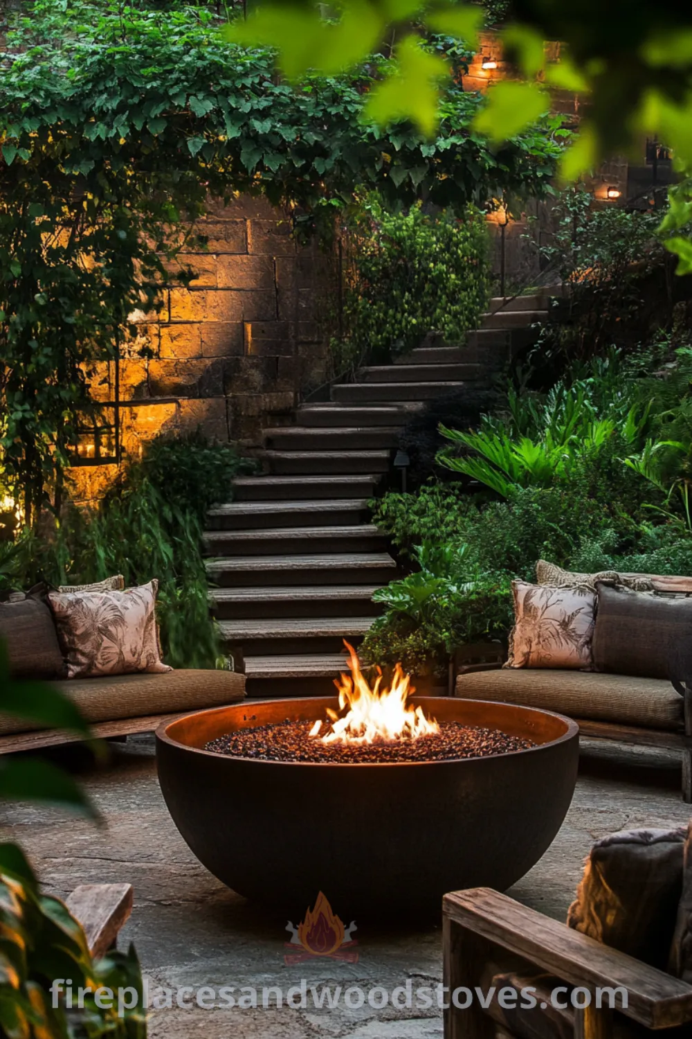 Outdoor fire pit area on fireplacesandwoodstoves.com, featuring cozy seating, garden design inspirations, and unique ideas for an inviting backyard living experience.