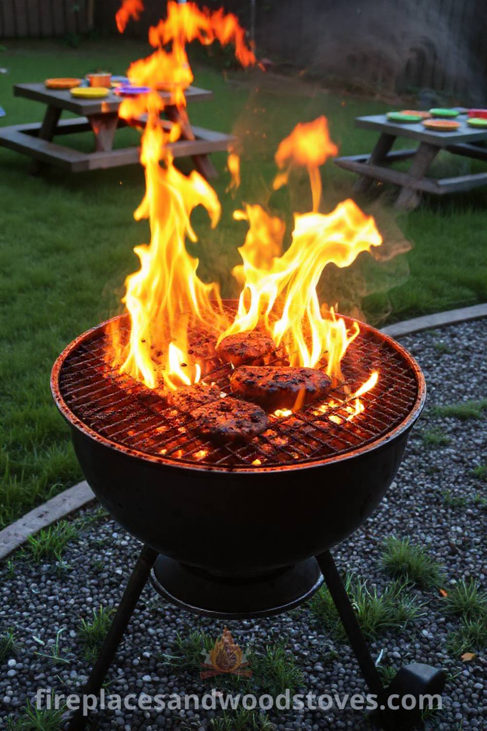 Sturdy metal barbecue on a gravel patio with vibrant green grass, surrounded by picnic tables filled with colorful plates, creating a cozy atmosphere perfect for summer gatherings. Visit patioandhomefurniture.com for outdoor design inspiration and ideas that will wow your guests.