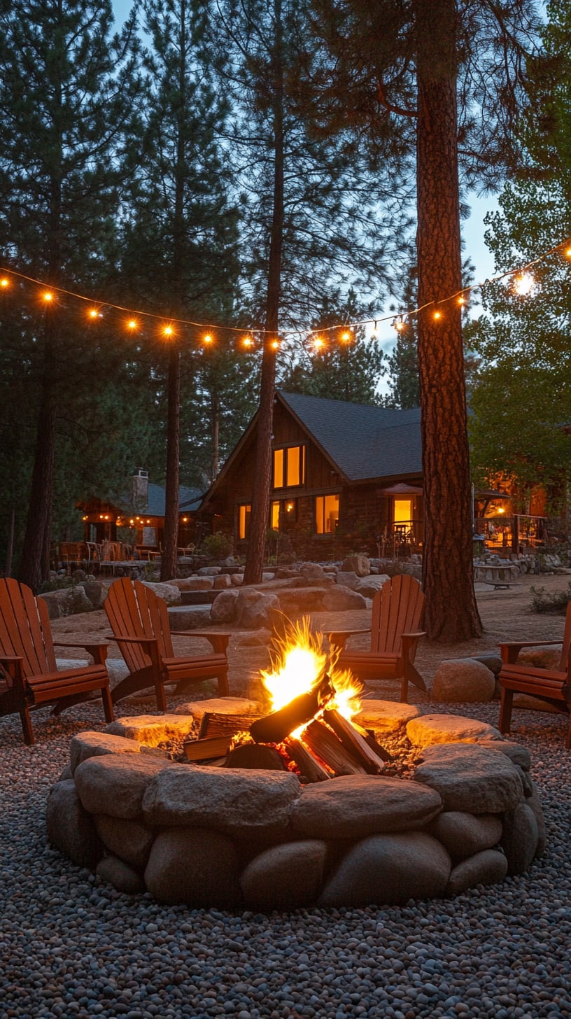 A cozy campfire pit surrounded by comfortable chairs, string lights overhead, and a rustic cabin in the background, set in the woods near Lake Tahoe.