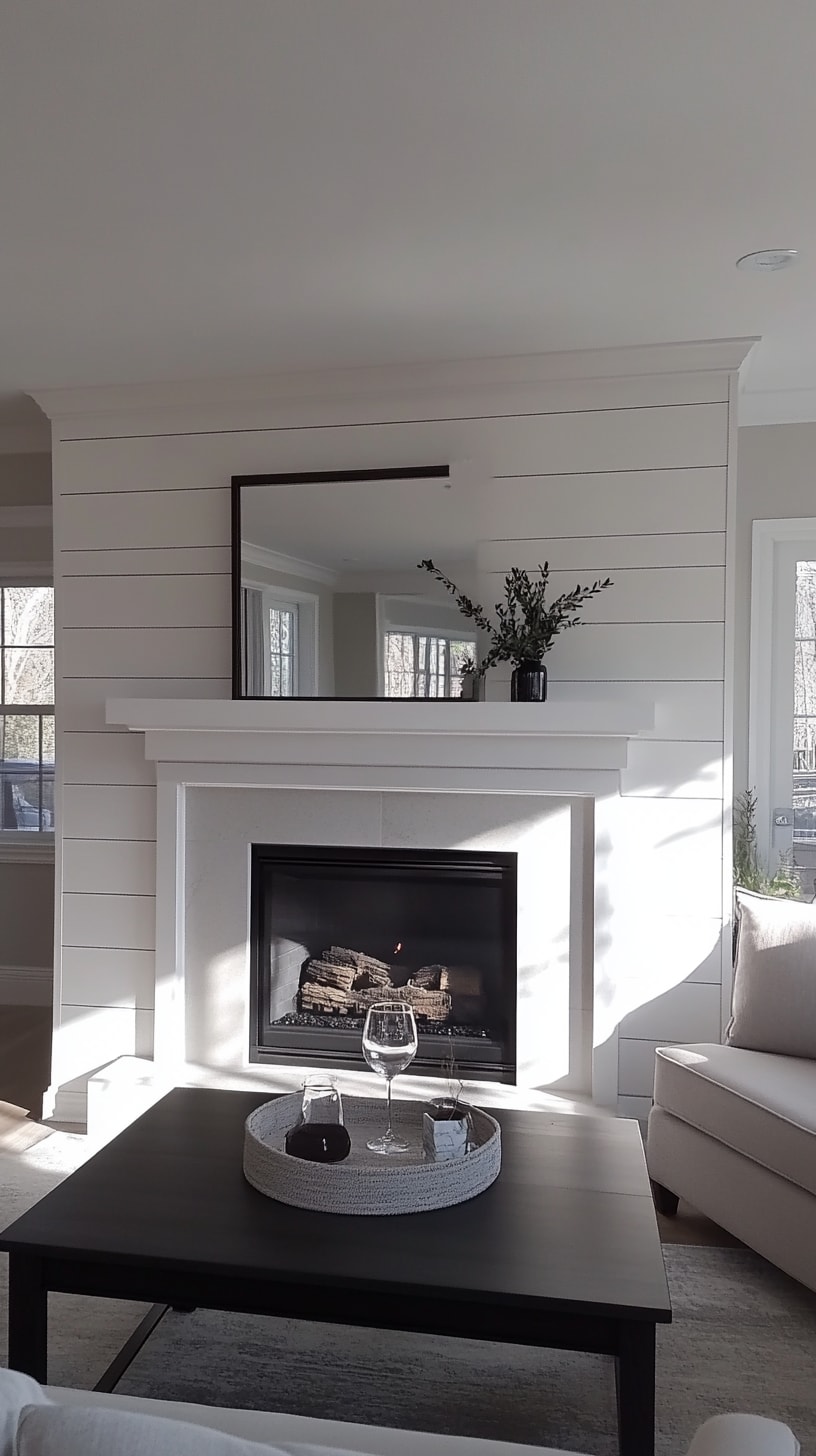 A bright farmhouse living room featuring a shiplap fireplace, a black coffee table in the center, and a large mirror above the fireplace, complemented with light-colored decor and natural sunlight.