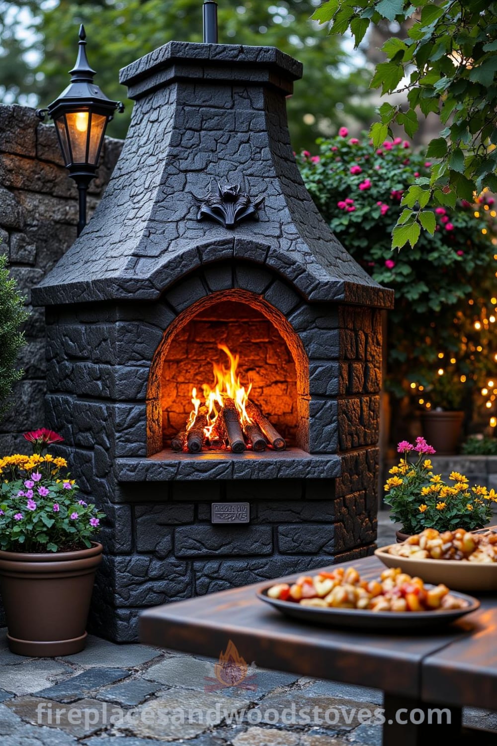 Gothic stone outdoor barbecue in a lush garden setting, featuring intricate carvings, flickering flames illuminating a cobblestone path and flowering plants, complemented by a sturdy wooden dining table nearby, showcasing unique ideas for cozy home decor, available at fireplacesandwoodstoves.com.