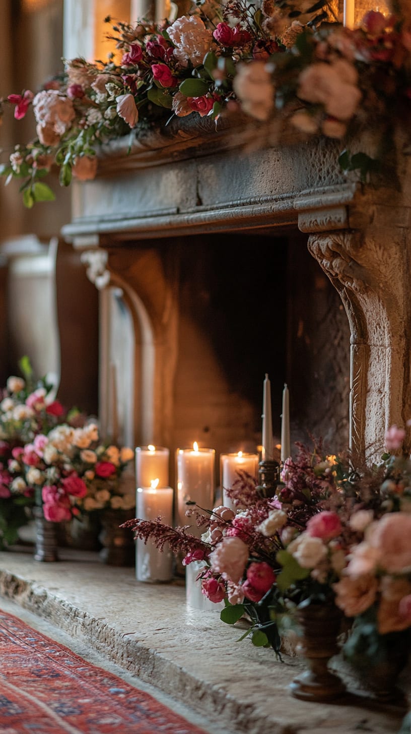 A romantic castle fireplace decorated with floral arrangements and candles, setting an enchanting atmosphere for a wedding ceremony.