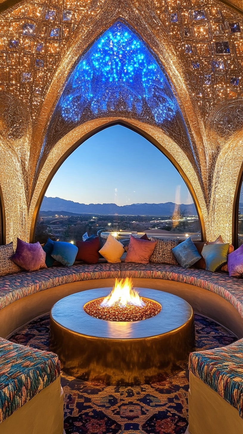A cozy desert oasis lounge with a fire pit, colorful cushions, and intricate architectural details, set against a starry night sky.