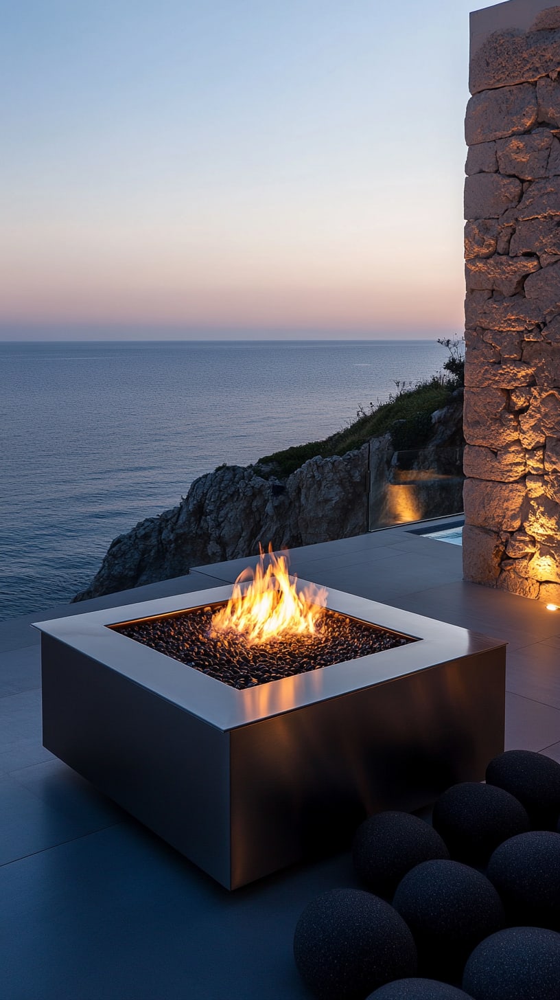 A modern square fire pit on a terrace overlooking the ocean, with flames flickering and soft ambient lighting creating a cozy atmosphere at dusk.