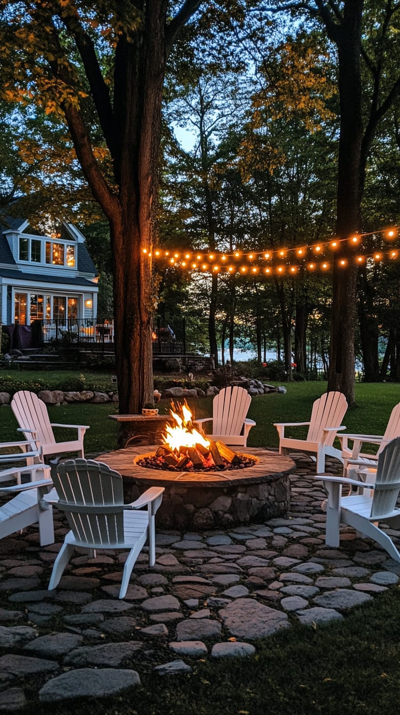 A cozy fire pit surrounded by white Adirondack chairs, glowing under string lights in the evening with a cottage and trees in the background.