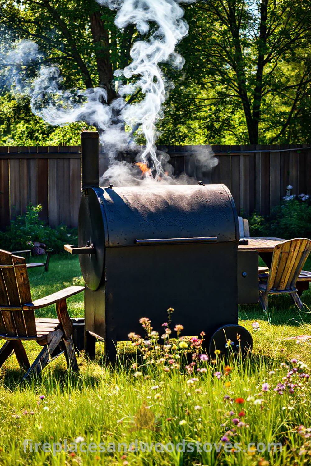 Large barbecue smoker in a sunlit backyard surrounded by mismatched wooden chairs and a picnic table, creating a cozy atmosphere ideal for outdoor gatherings. Visit patioandhomefurniture.com for stylish ideas that will wow your guests and inspire incredible outdoor designs.