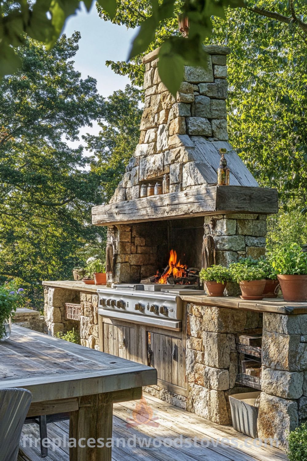 Cozy outdoor kitchen featuring a rustic wood-burning fireplace and a wooden countertop adorned with fresh herbs, inviting a warm and welcoming atmosphere perfect for gatherings, as seen on wellnesswink.com.