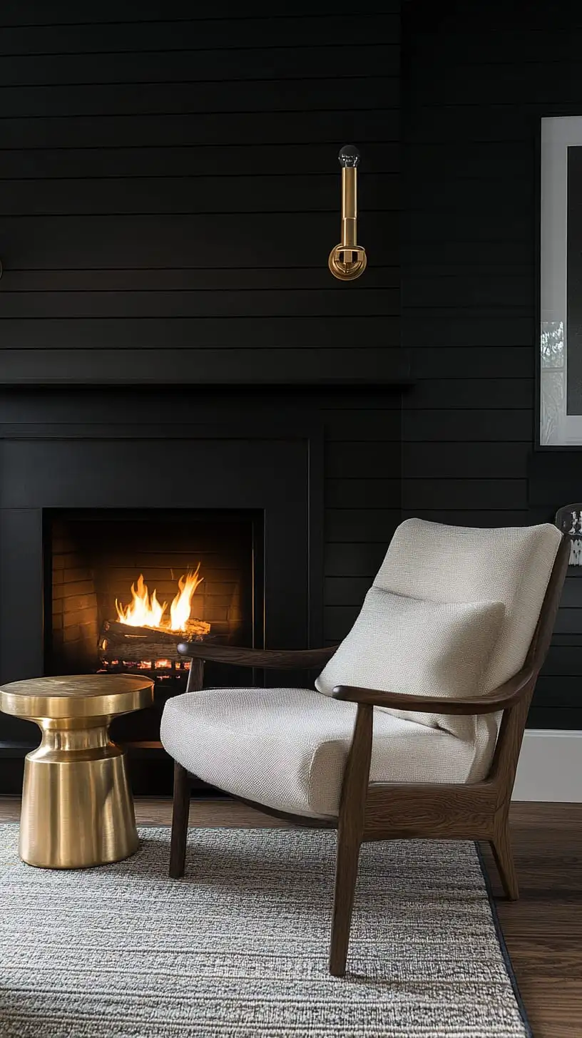 A modern living room featuring a minimalist chair, elegant fireplace, black shiplap walls, and brass accents, creating a cozy and inviting atmosphere.
