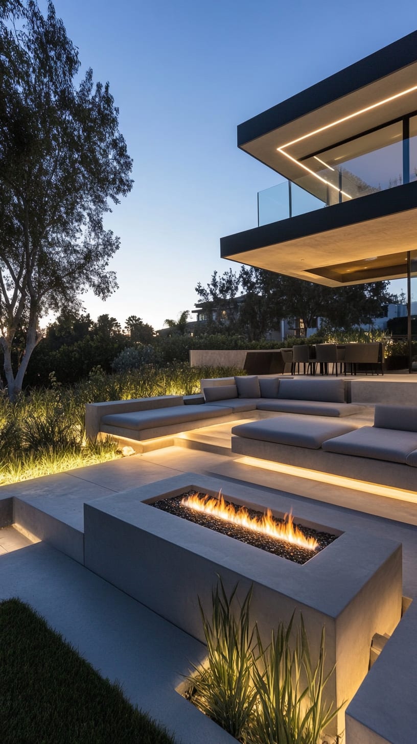 A modern luxury hillside home with an outdoor fire pit, comfortable seating area, and LED lighting, creating a tranquil ambiance at dusk.