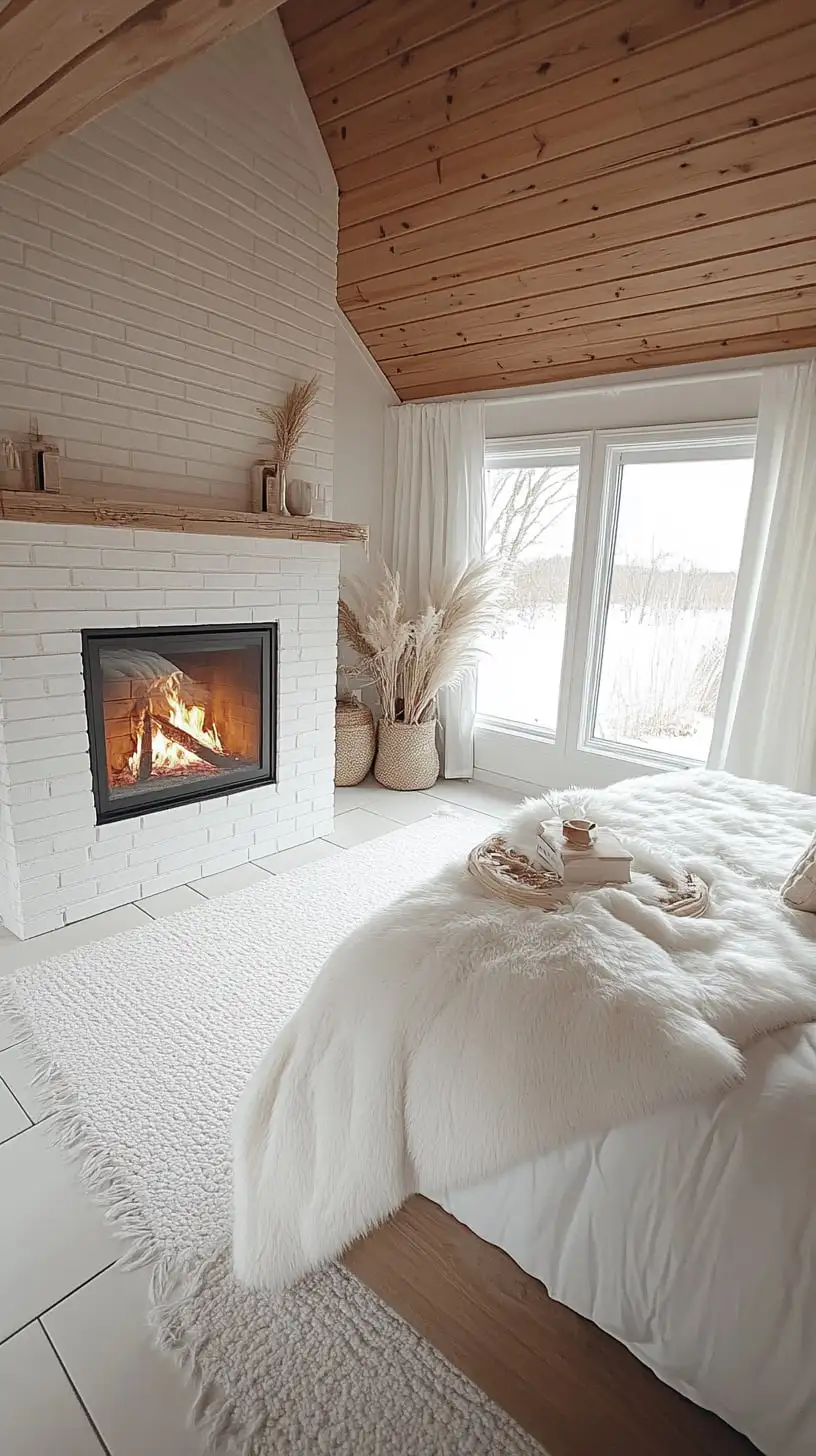A cozy bedroom with a white brick fireplace, fluffy beige rug, large windows, and Scandinavian design elements, creating a warm winter atmosphere.