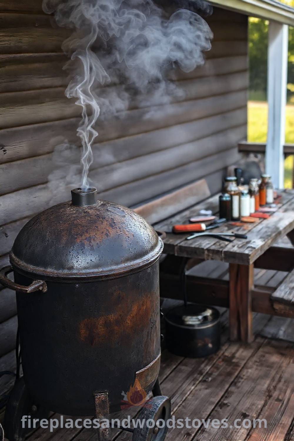 Classic barbecue smoker on a weathered wooden deck with smoke curling from the chimney, surrounded by grilling tools and seasoning jars, creating a cozy and inviting outdoor atmosphere. Visit patioandhomefurniture.com for stylish ideas that will wow your guests.