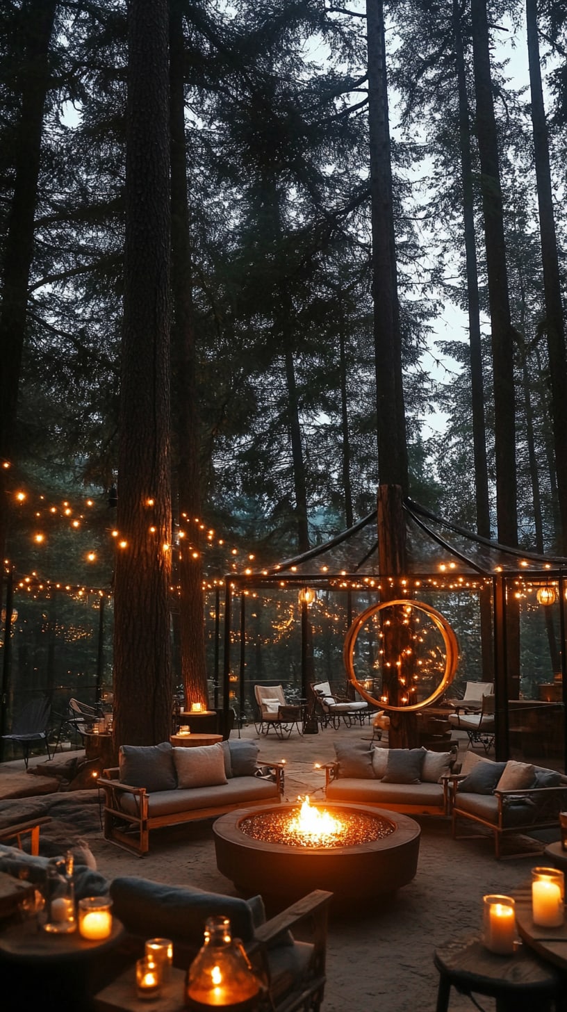 An outdoor lounge in a redwood forest featuring string lights, a fire pit, and cozy seating areas surrounded by tall trees.
