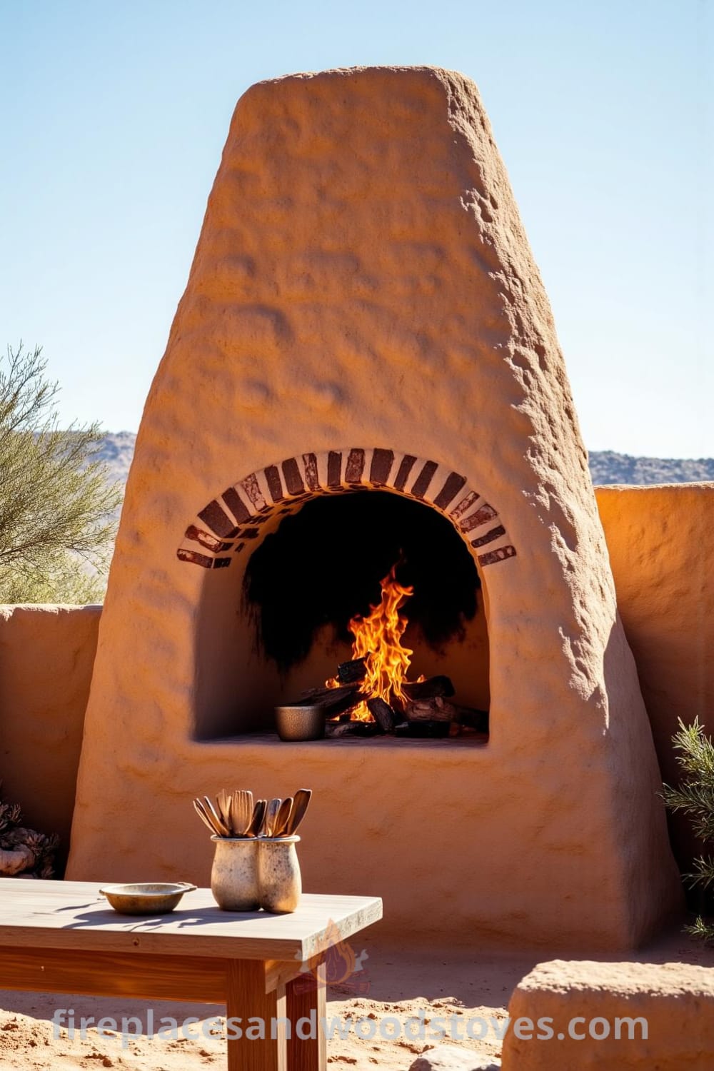Southwestern adobe outdoor barbecue set against a sunlit desert backdrop, featuring a cozy atmosphere with flickering flames, earthy decor ideas with rustic utensils, and inspiring designs for a unique home gathering at fireplacesandwoodstoves.com.