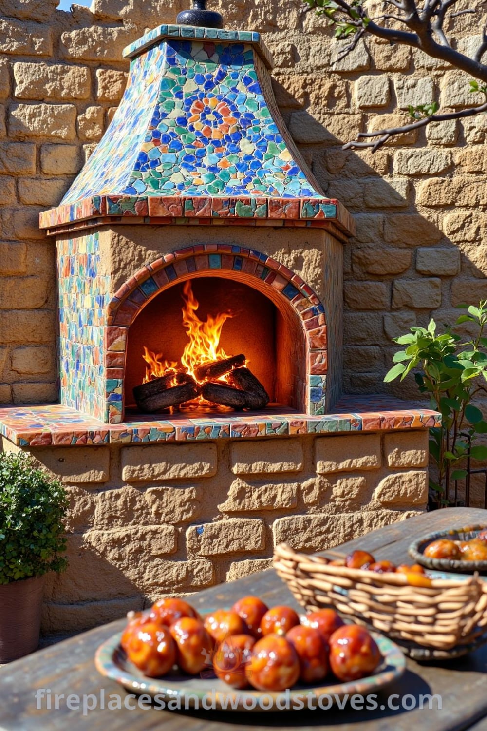 Mediterranean tile outdoor barbecue set on a sun-drenched terrace with colorful ceramics, flickering flames, and rustic wooden table surrounded by plants, showcasing cozy design ideas from fireplacesandwoodstoves.com.