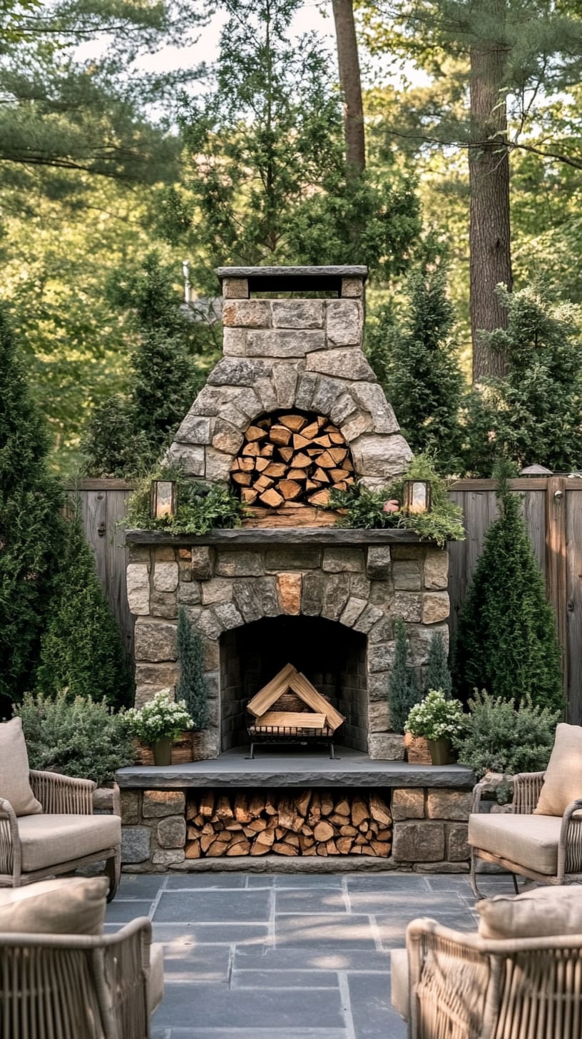 A stone outdoor fireplace surrounded by firewood, set in an elegant backyard with comfortable seating and lush greenery.