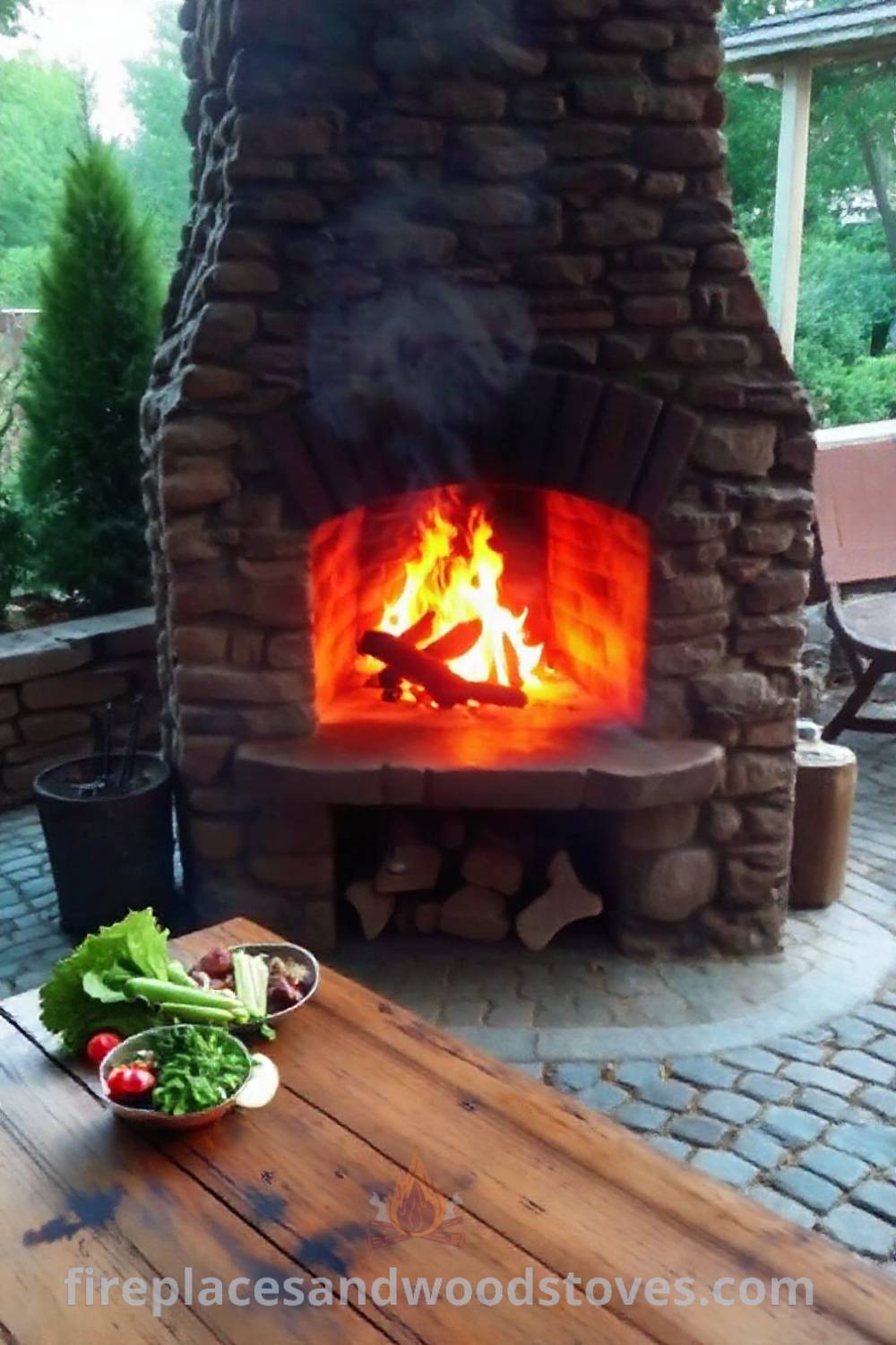Outdoor rustic fireplace BBQ on a cobblestone patio, surrounded by fresh vegetables and a wooden table, creating a cozy and inviting atmosphere perfect for summer gatherings. Visit patioandhomefurniture.com for stylish outdoor design inspiration.