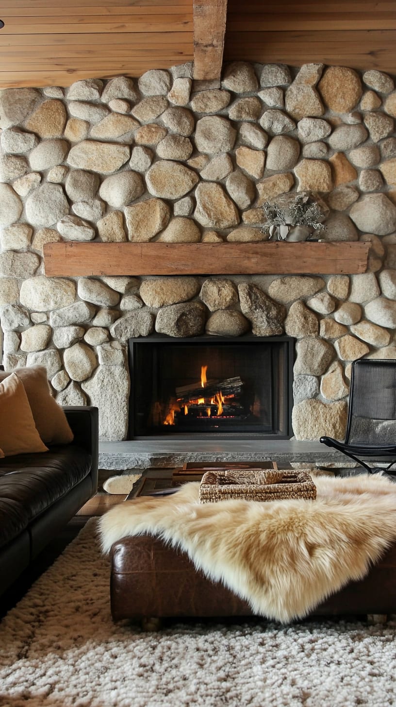 A cozy alpine lodge interior featuring a fireplace with large river rocks, a fur rug, leather couches, and wood beams, illuminated by natural light.