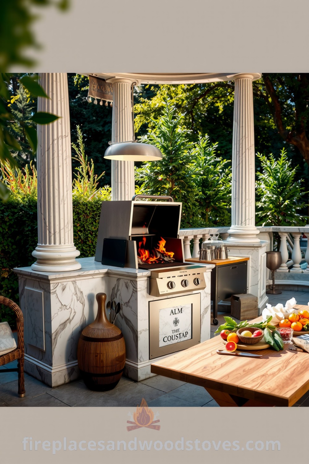 Neoclassical marble outdoor barbecue on a stone terrace surrounded by lush greenery and grand columns, with warm flames from the grill and a rustic table displaying fresh ingredients, creating an inviting outdoor cooking atmosphere. Visit fireplacesandwoodstoves.com for cozy home design ideas.