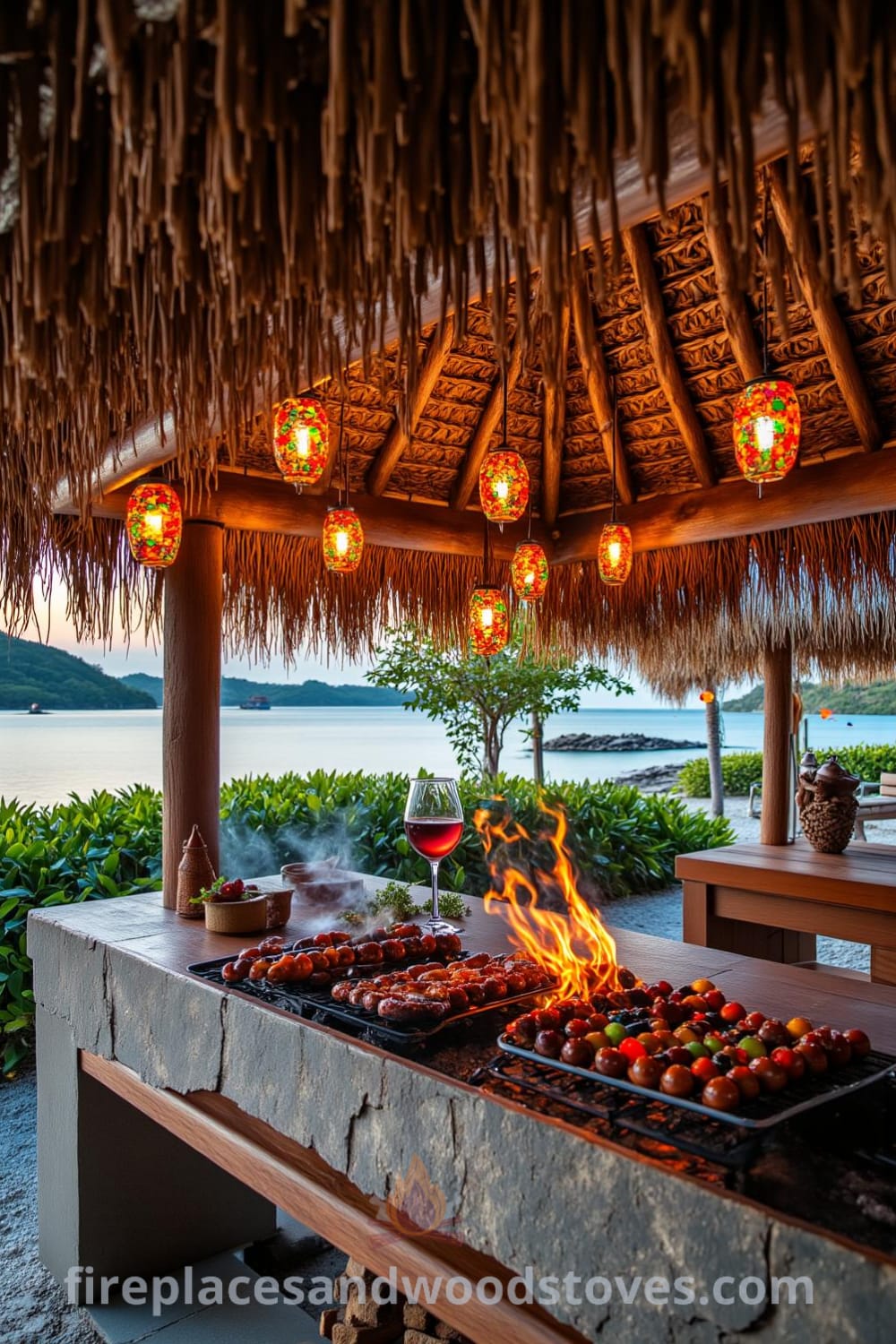 Tropical tiki barbecue under a palm-thatched roof with seasoned sausages and kebabs grilling over a crackling fire, surrounded by colorful lanterns, providing cozy inspirations and design ideas for your outdoor culinary retreat at fireplacesandwoodstoves.com.