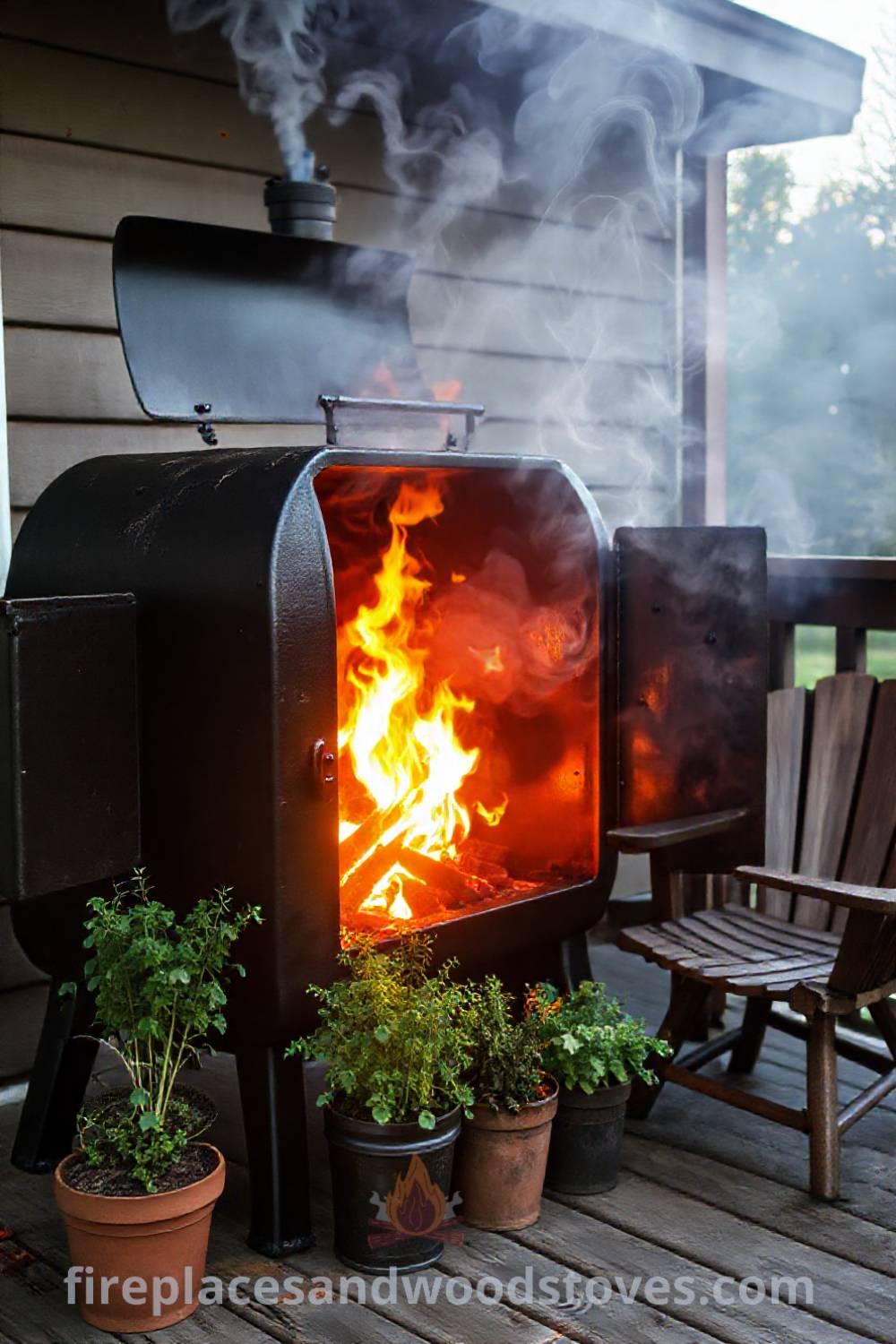Imposing black barbecue smoker on a weathered wooden deck, surrounded by potted herbs, creating a cozy outdoor gathering space with warm flickering light and fragrant grilled meat. Visit patioandhomefurniture.com for stylish designs transforming your backyard into the coziest home.