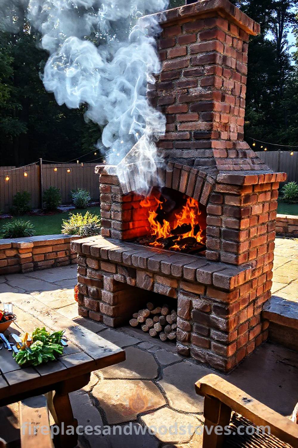 A charming brick fireplace BBQ on a sun-dappled patio, surrounded by a wooden table with utensils and fresh vegetables, creating a cozy gathering spot filled with inviting warmth. Visit patioandhomefurniture.com for incredible outdoor design inspiration.