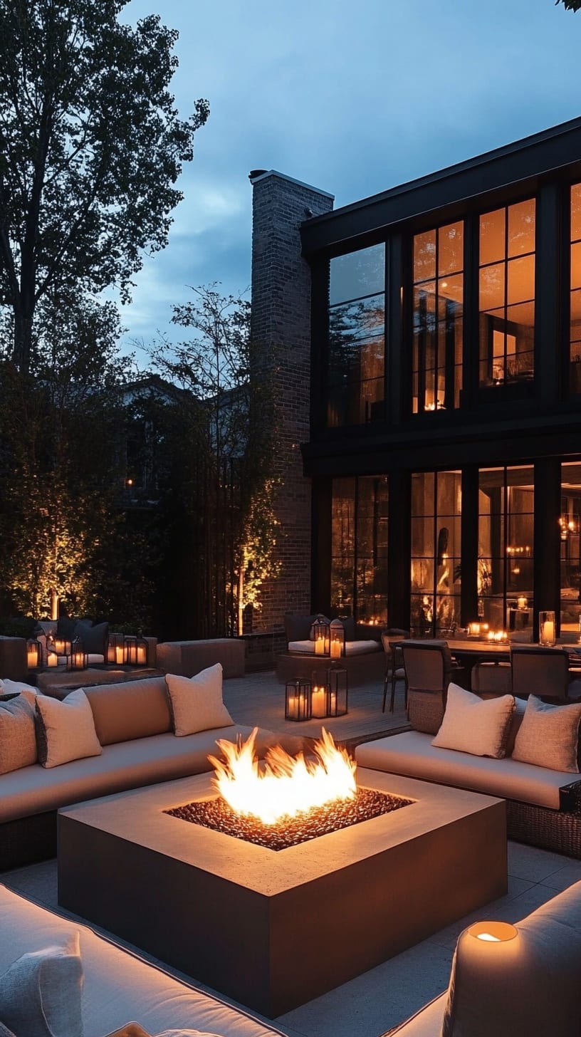 An elegantly designed outdoor seating area featuring a large fire pit surrounded by comfortable seating, with a modern black mansion and warm lights visible in the background during the evening.