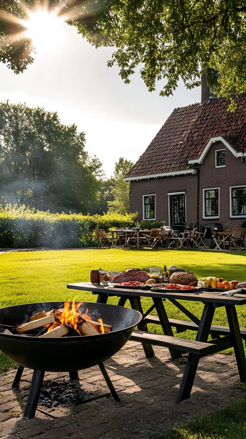 A picturesque Dutch countryside scene featuring a barbecue setup with grilled meats, a black metal picnic table, and a lush garden under bright sunshine.