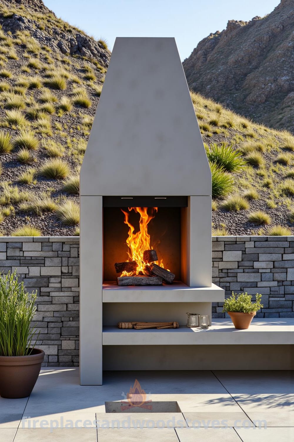 Modern concrete outdoor barbecue on a sun-drenched patio, featuring glowing embers, pots of herbs, and textured concrete, creating a cozy atmosphere for gatherings and inspiring outdoor design ideas at fireplacesandwoodstoves.com.