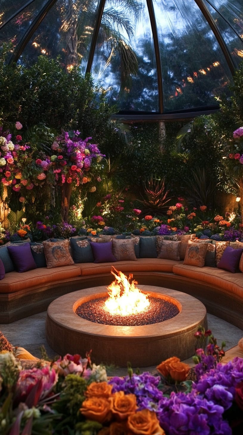 A circular fire pit surrounded by comfortable seating, surrounded by colorful flowers and plants in an enchanting garden at twilight.