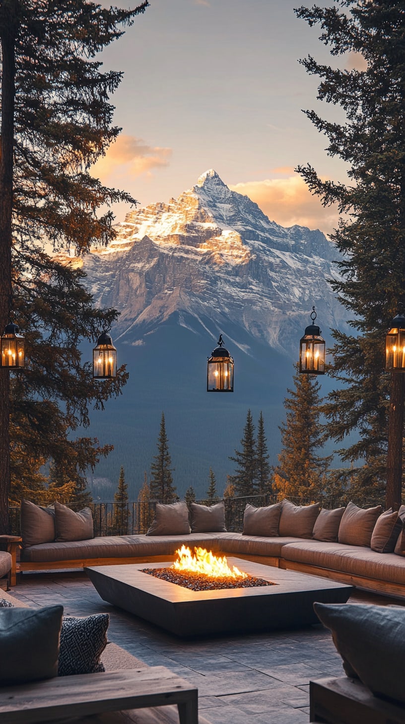A luxurious outdoor seating area with large sofas and an open fire pit surrounded by tall pine trees and illuminated lanterns, set against the backdrop of snow-capped mountains in Banff, Canada.