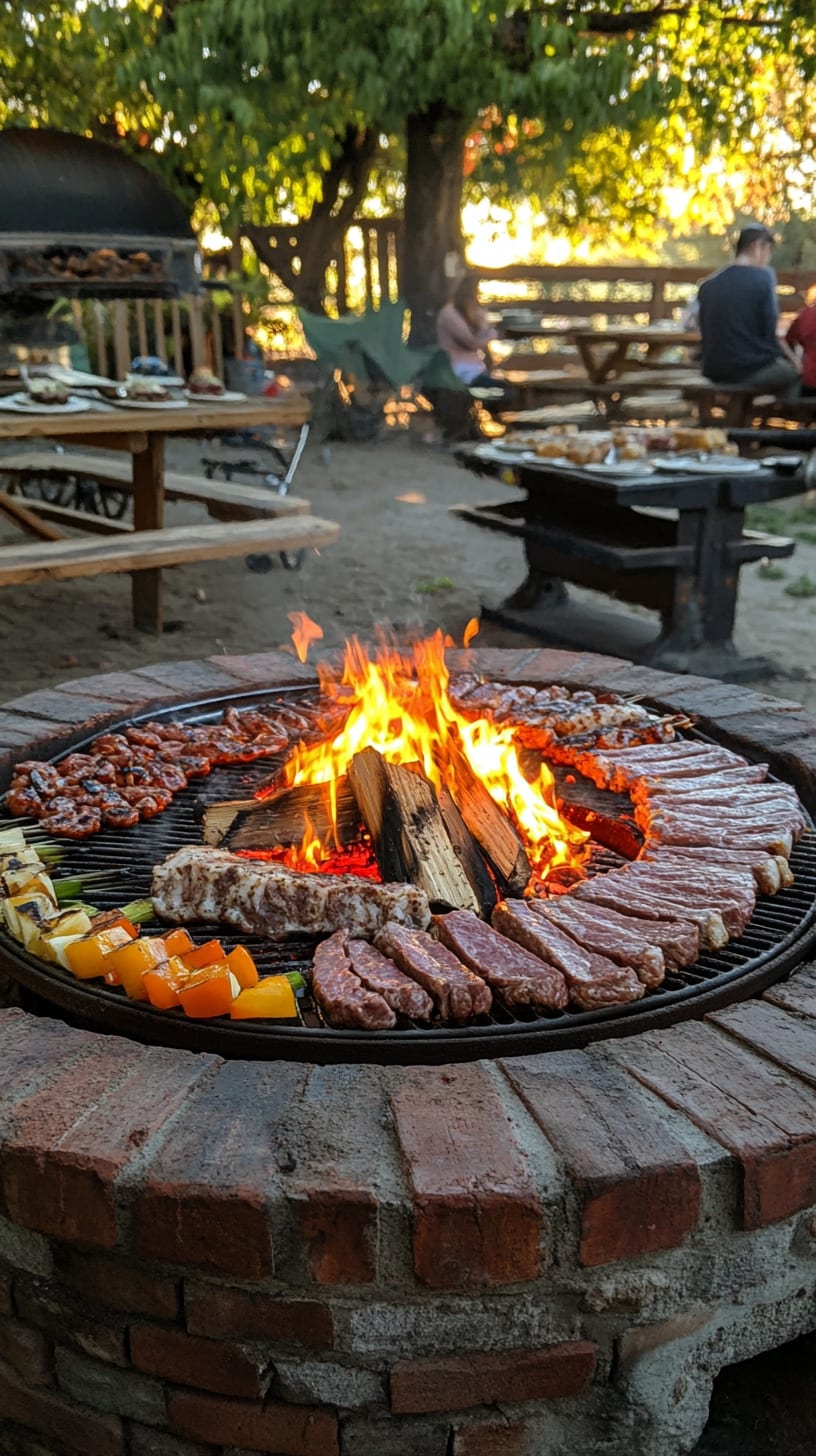 A large round fire pit surrounded by picnic tables with people eating and laughing as they enjoy grilling meats and vegetables under a sunset sky.