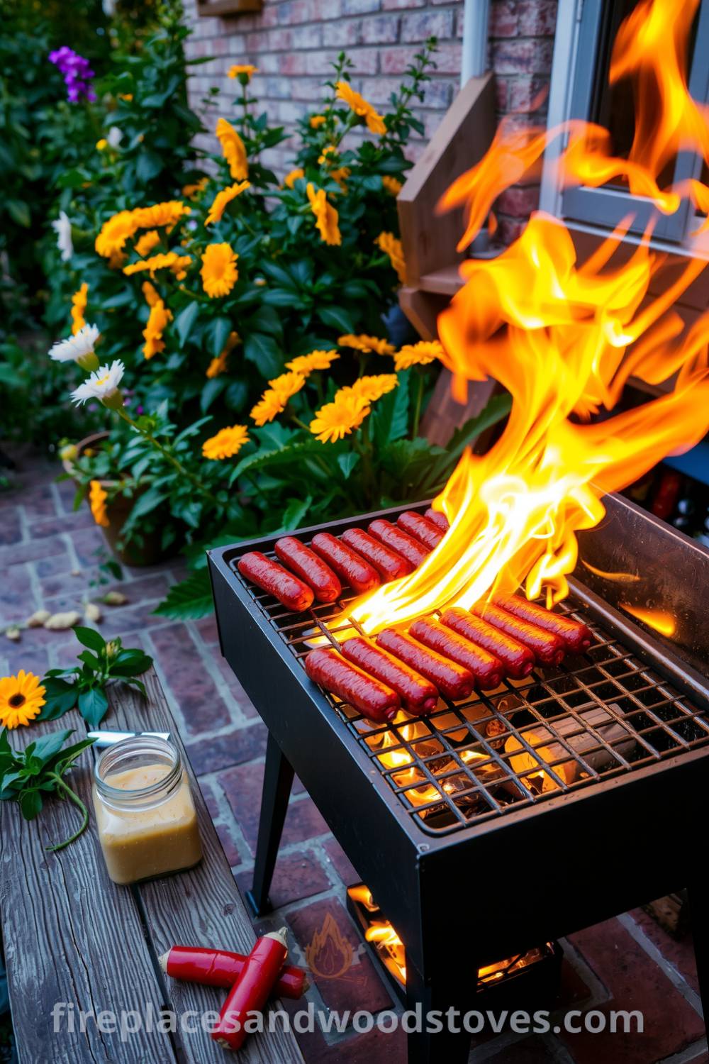 A cozy evening barbecue scene featuring grilled sausages and vegetables on a brick patio, surrounded by overgrown flowers and a weathered wood table with condiments, creating an inviting atmosphere perfect for outdoor gatherings. Discover cozy ideas for your home at fireplacesandwoodstoves.com.