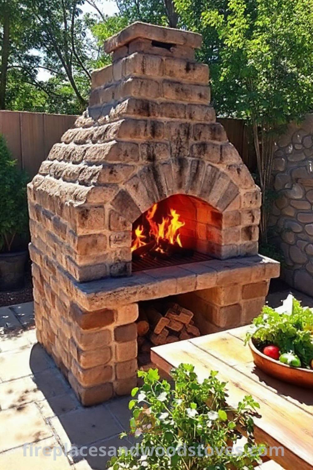 Sturdy stone BBQ oven on a sun-drenched patio with warm flames, surrounded by fresh ingredients and green plants, creating a cozy atmosphere for outdoor cooking. Visit patioandhomefurniture.com for incredible ideas that will wow your guests.