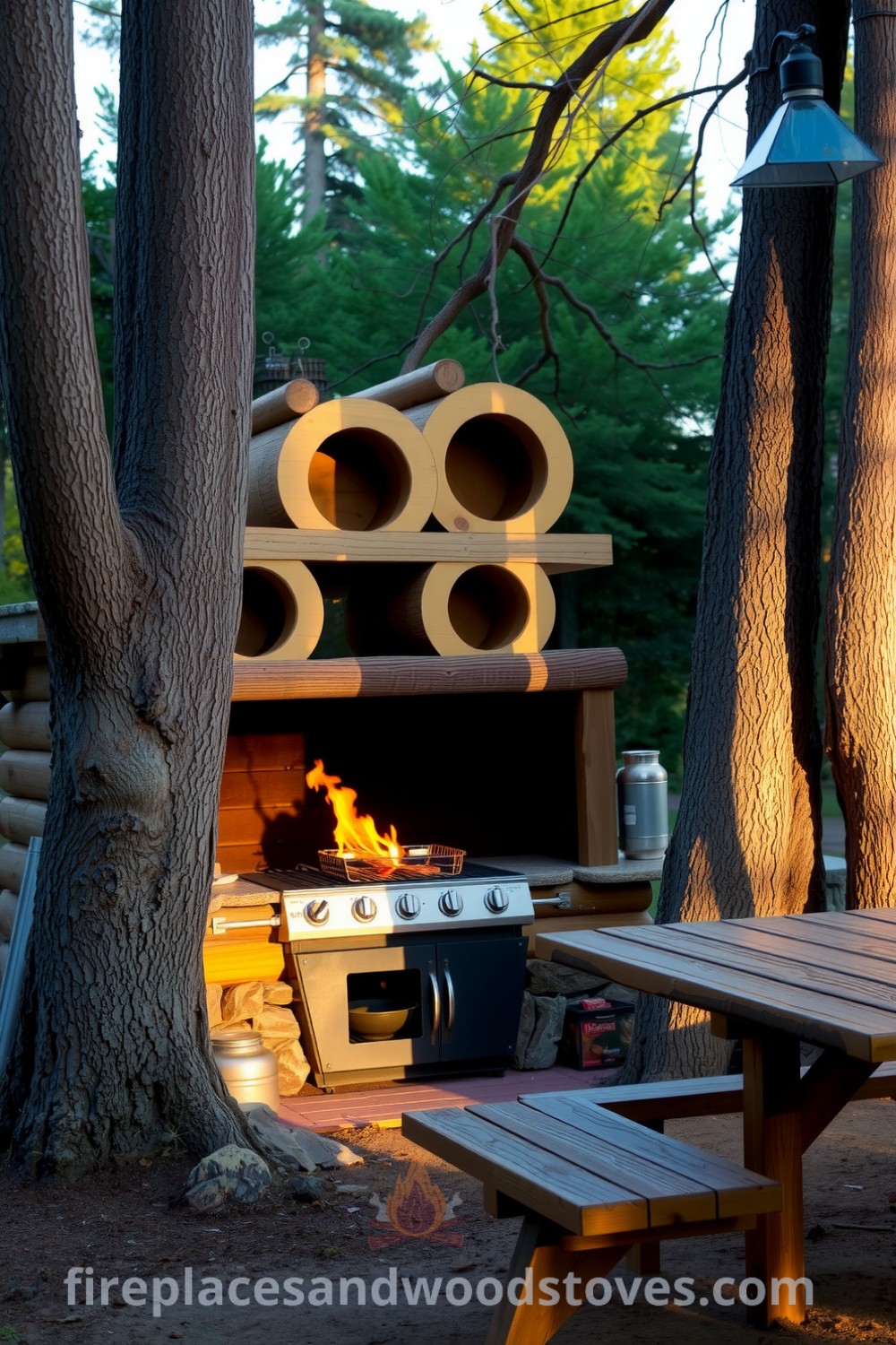 Log-built outdoor barbecue nestled among tall trees, surrounded by the scents of pine and earth, with a glowing grill and a sturdy picnic table inviting gatherings, showcasing cozy design ideas that enhance outdoor living at fireplacesandwoodstoves.com.
