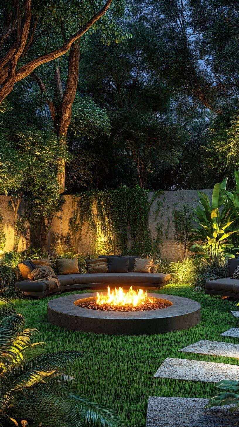 A beautiful outdoor setting featuring a circular fire pit, surrounded by lush grass and comfortable seating, illuminated by soft lighting in a serene garden atmosphere at night.