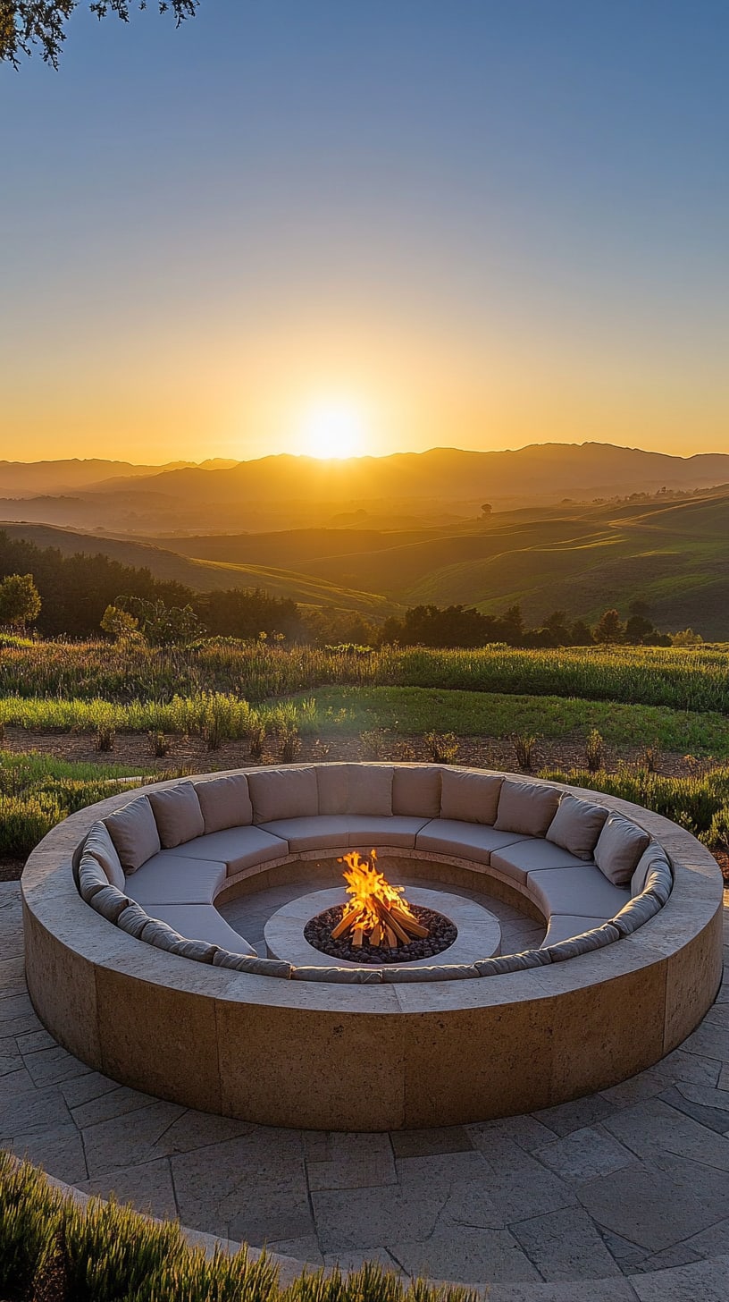 A circular fire pit surrounded by comfortable seating, overlooking rolling hills at sunset in Napa Valley, California.